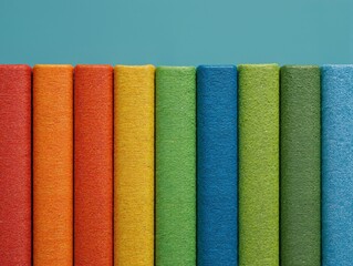 A row of books or notebooks with bright fabric covers. The background is a solid blue