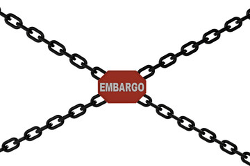3d render chain and embargo text. concept illustration of prohibition, banned or restriction of trade embargo of one country by another country