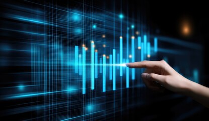 A hand interacts with a glowing, digital bar graph interface