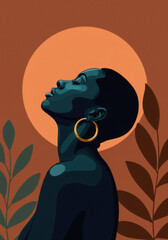 African Woman Silhouette Portrait with Golden Hoop Earring Against Sunset Circle Background, Vector style art