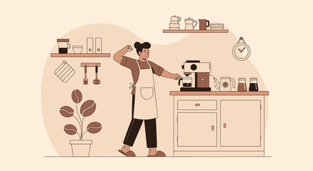 Woman Preparing Coffee In A Modern Kitchen With Stylish Minimalist Decoration