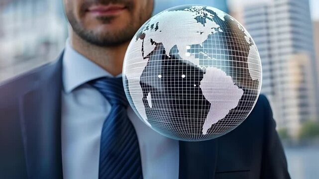 A businessman is in front of a globe graphic, symbolizing global business or international connections. - Powered by Adobe