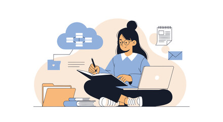 Fototapeta premium Woman Studying And Working On Data Storage With Computer And Writing Tasks