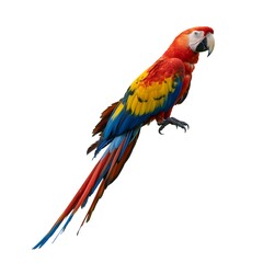 Obraz premium A vibrant scarlet macaw, resplendent with red, yellow, and blue plumage, perches gracefully against a stark white background showing its brilliant colors and form.