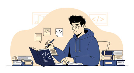 Focused Student Studying Coding At His Desk With Books And Code Snippets Around