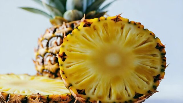This is a fresh whole pineapple, cut in half and ready to be enjoyed. The pineapple is known for its sweetness, rich flavor, and health benefits such as being a good source of Vitamin C.