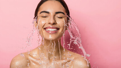 Beautiful Woman with splashes of water on her face. Beautiful Smiling model under splash of water with fresh skin over pink background. Skin care, Cleansing and moisturizing concept. Beauty cosmetics