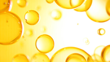 Hyaluronic acid skin solutions ad, collagen serum drops, vitamin C, oil. cosmetics advertising background. Abstract oil bubbles background on white background. Collagen Hydrolysate. Copy space