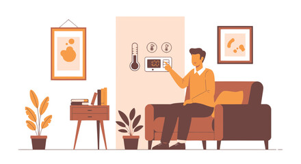 Man Adjusting Home Temperature Using Smart Thermostat For Optimal Comfort