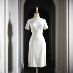 White satin short sleeve cocktail dress on mannequin with elegant backdrop and corridor shadows