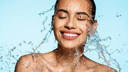 Beautiful Woman with splashes of water on her face. Beautiful Smiling model under splash of water with fresh skin over blue background. Skin care, Cleansing and moisturizing concept. Beauty cosmetics