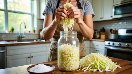 Fermented foods. Woman putting homemade fermented sauerkraut in glass jar, fresh cabbage, ginger, herbs spices on a table, showcasing traditional food preservation technique. probiotic rich nutrition
