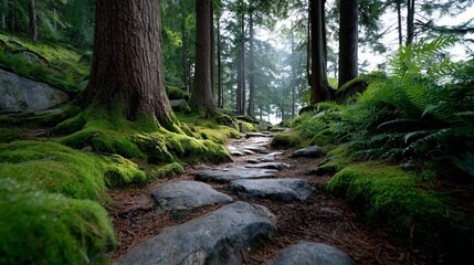 Fototapeta premium Serene Pathway Through Ancient Forest with Towering Trees and Moss