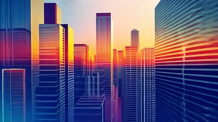 Elevated view of futuristic city at sunrise, digital lines, urban skyline - Powered by Adobe