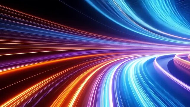 A vibrant display of light trails in dynamic colors, creating a sense of motion and energy against a dark background.