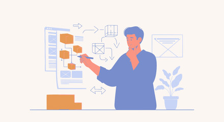 Man Creating Business Flowchart For Data Visualization In Office Concept