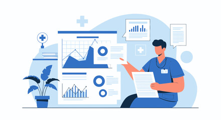 Fototapeta premium Medical Professional Analyzing Healthcare Data With Charts And Reports Vector Illustration