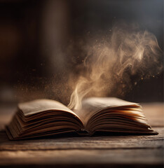 an old open book on a wooden table, with delicate wisps of fragrant smoke or vapor gently rising from the pages,  highlighting the texture of the paper, subtle golden tones in the vapor