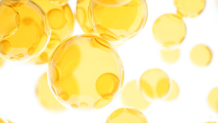 Hyaluronic acid skin solutions ad, collagen serum drops, vitamin C, oil. cosmetics advertising background. Abstract oil bubbles background on white background. Collagen Hydrolysate