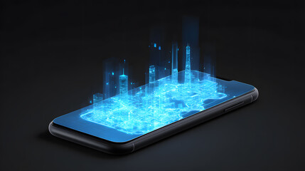 High-tech smartphone projecting holographic 3D city map, floating interface, isolated on black background
