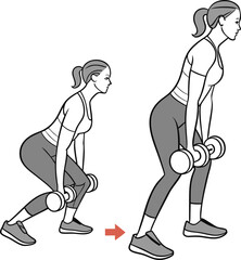 Woman performing dumbbell squat to deadlift exercise – strength training and fitness workout vector illustration