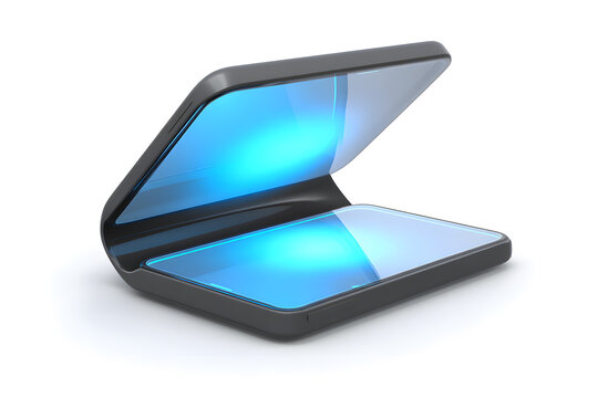 Futuristic folded smartphone half-open, glowing user interface, isolated on white background
