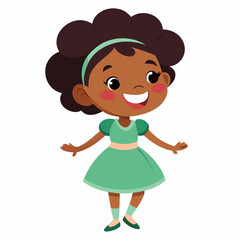 Obraz premium happy black girl, African American girl, dark skin girl, smiling girl, joyful child, cheerful girl, girl in dress, cute girl, cartoon girl, child character, black kid illustration, white background, f