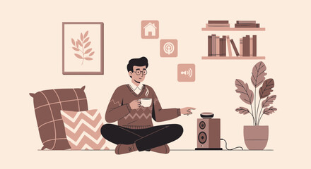 Relaxing At Home With Smart Speaker, Cozy Vector Illustration Home Automation System