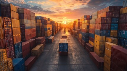 Shipping of containers at a busy supplier yard at sunset