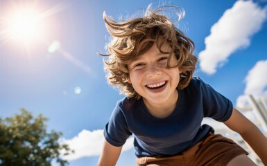Portrait of happy young child boy smiling on summer background