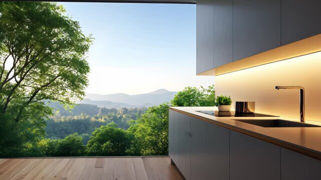 A modern kitchen with a sink and cabinetry, featuring large windows that offer a scenic view of mountains and greenery.