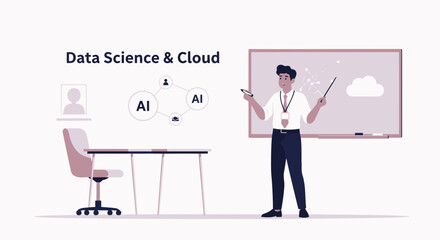 Fototapeta premium Data Science And Cloud Computing Presentation With A Man Explaining Artificial Intelligence