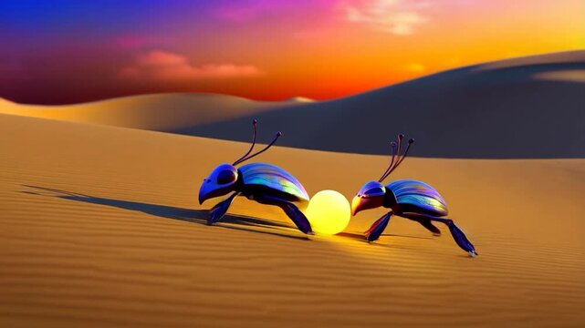 Colorful beetles desert sunset