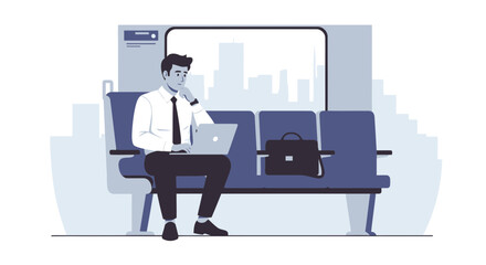 Professional Man Working on Laptop During Train Commute in the City