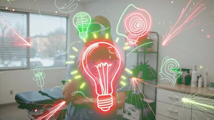 Fitting on VR headset, scrub-clad health worker visualizing light bulbs and sparks in therapy room - Powered by Adobe