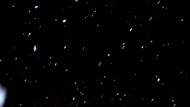 Falling snow on black background. Real Snow falling on dark outside. Small snowflakes over night. Christmas. Defocused Particles. Slowly white bokeh. Heavy snowfall. Winter fairy tale atmosphere