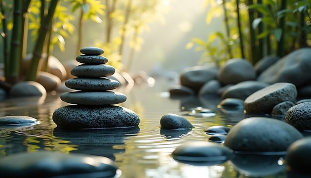 Zen balanced stones stacked in tranquil water with bamboo and soft sunlight - Powered by Adobe