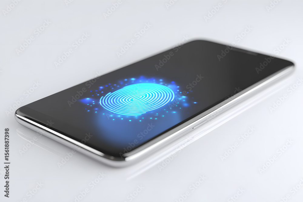 Fototapete Sleek smartphone displaying biometric fingerprint scanner on screen, futuristic glowing interface, white background