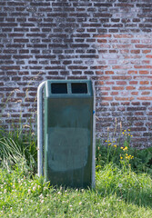 A green trash bin is situated against a brick wall, complemented by lush grass in the area