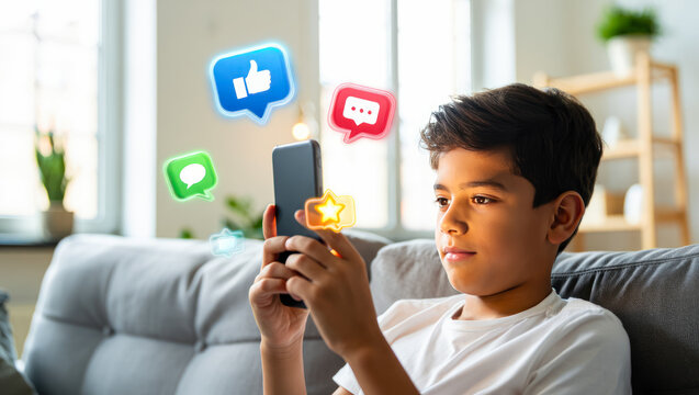 Boy using social media, holding smart phone with icons of like, comment, star over it. schoolboy playing on smart phone. children's cybersecurity, social media addiction, communication
