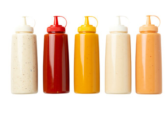 Assortment of colorful squeeze bottles filled with various sauces and condiments Isolated on transparent background