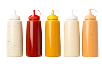 Assortment of colorful squeeze bottles filled with various sauces and condiments Isolated on transparent background
