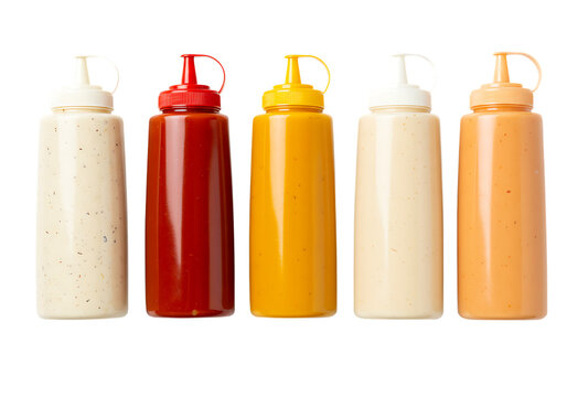 Assortment of colorful squeeze bottles filled with various sauces and condiments Isolated on transparent background