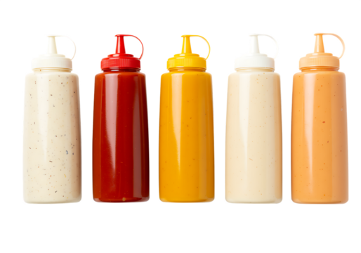 Assortment of colorful squeeze bottles filled with various sauces and condiments Isolated on transparent background