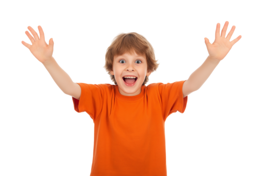  happy child with his arms raised and big smile isolated on white background