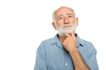 Thoughtful senior man in light blue shirt looking upwards isolated on white background