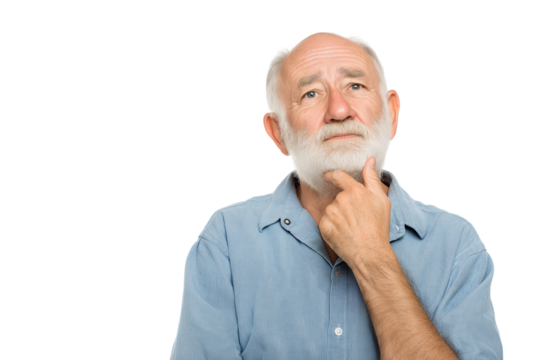 Thoughtful senior man in light blue shirt looking upwards isolated on white background