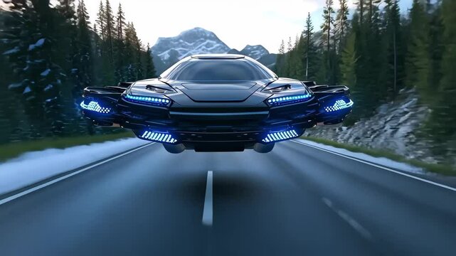 A futuristic flying car hovering above a road surrounded by mountains and trees, featuring sleek design and blue lights.