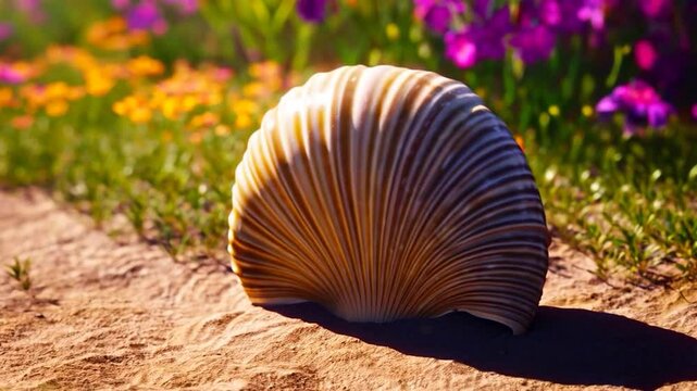 Colorful flower field with seashell