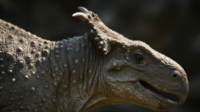 Prehistoric Creature: A detailed profile shot of a prehistoric herbivore with textured skin and a gentle gaze, providing an artistic insight into an ancient reptile